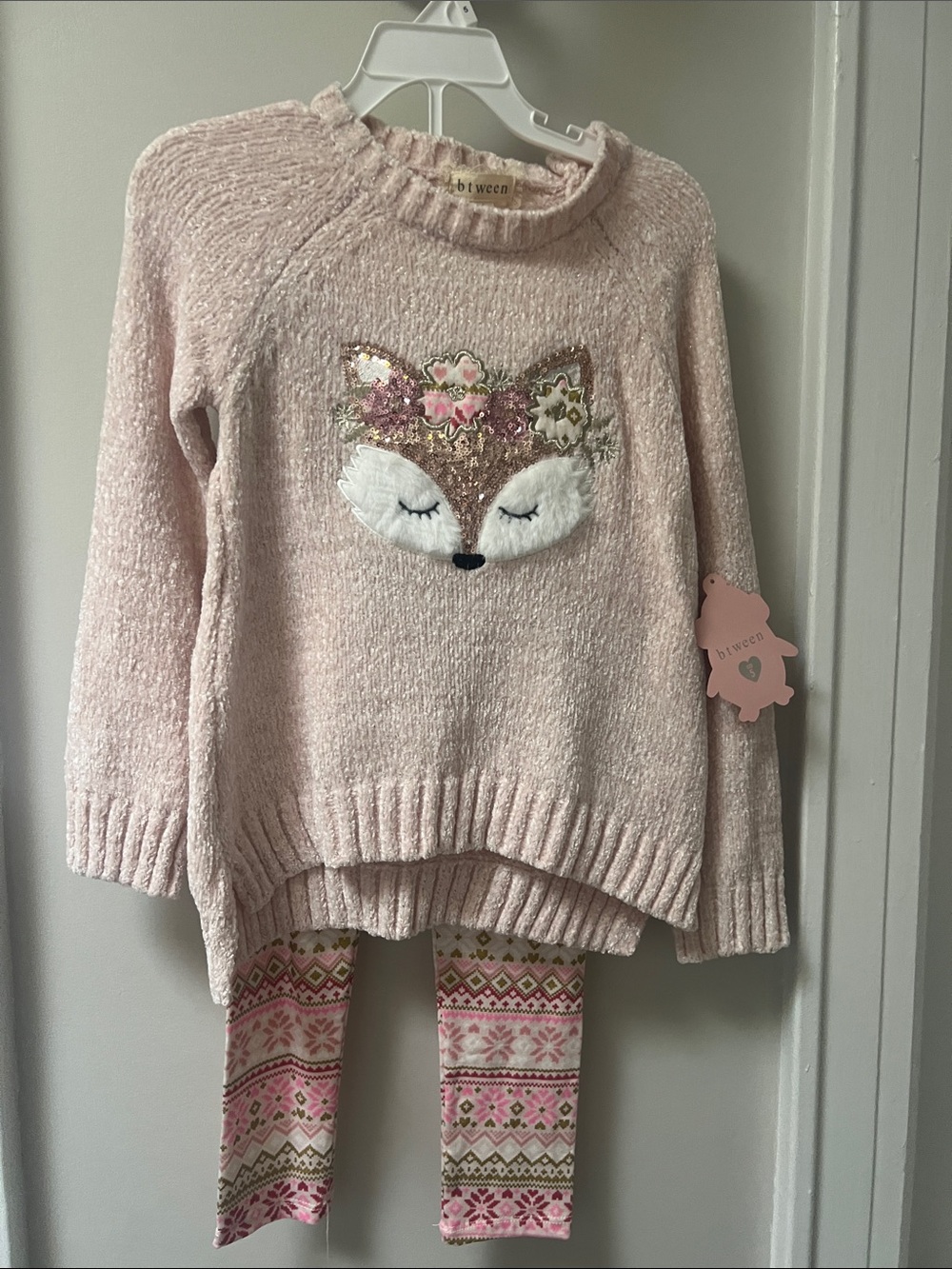 Btween Light Pink Fox Knit Pajama Set with Patterned Leggings